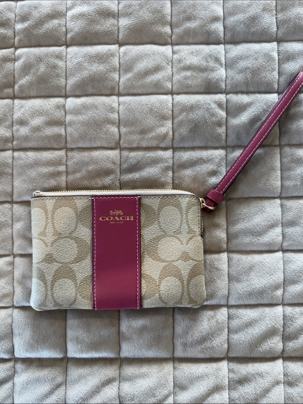 Coach Beige Signature Canvas Wristlet with Pink Center Stripe